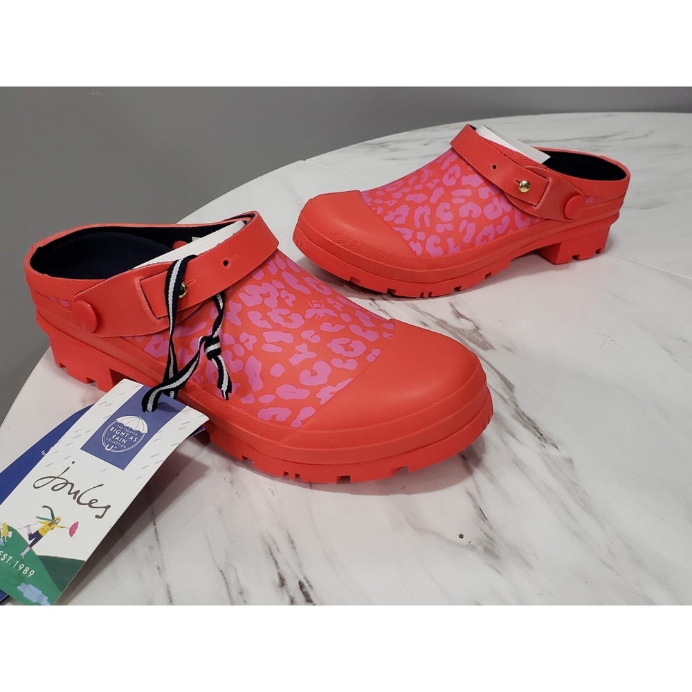 NEW NO BOX SIZE 7 Joules Welly Clog RED Leopard SLIP ON SHOES WATERPROOF GARDEN